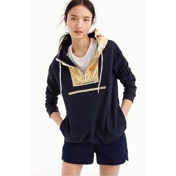 J.Crew Navy Blue Pullover Hoodie Anorak + Metallic Gold Hood - Picture 1 of 12